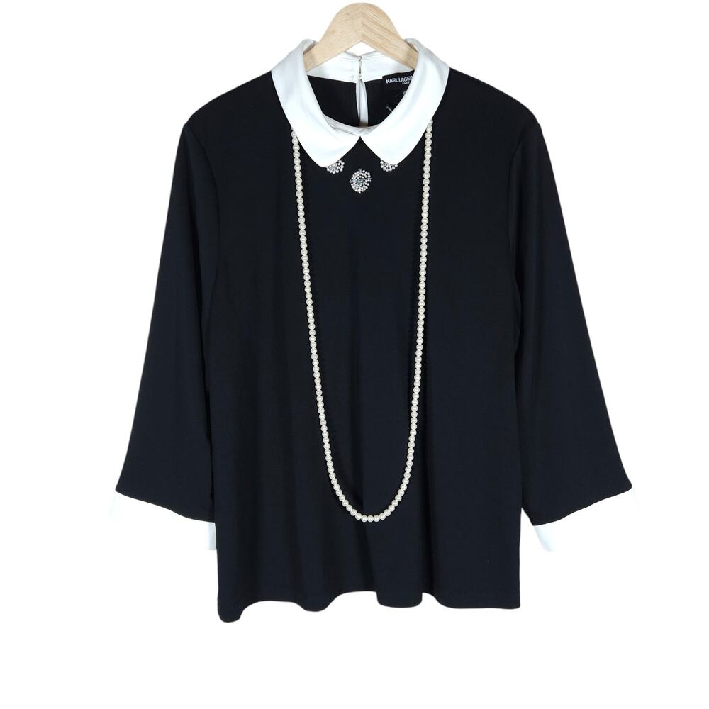 Karl Lagerfeld Paris Blouse Large Black White Pearl Necklace Career Dressy Top